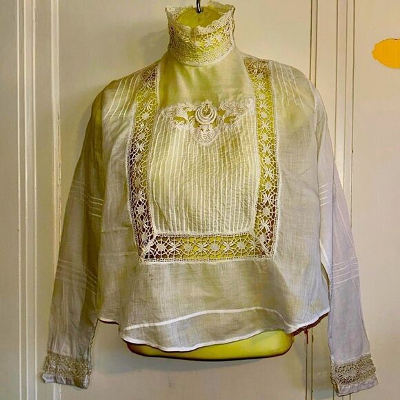 Antique thin white cotton lawn high neck long sleeve blouse with lace & pleats - Picture 1 of 14